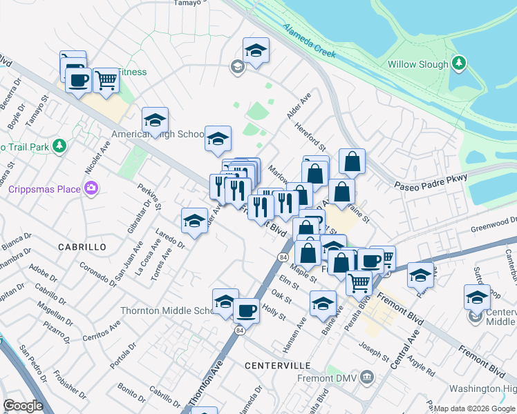 map of restaurants, bars, coffee shops, grocery stores, and more near 36761 Fremont Boulevard in Fremont