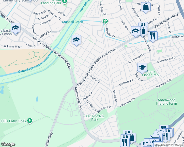 map of restaurants, bars, coffee shops, grocery stores, and more near 34143 Tupelo Street in Fremont