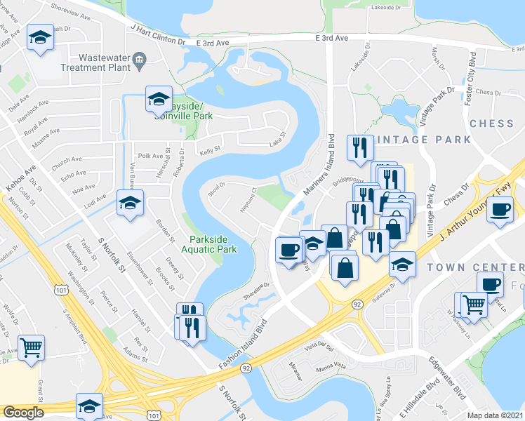 map of restaurants, bars, coffee shops, grocery stores, and more near 912 Shoal Drive in San Mateo