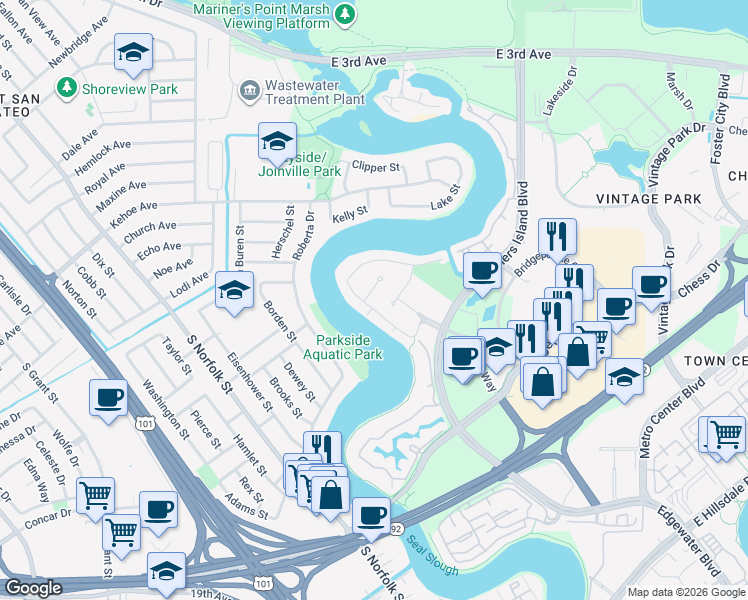 map of restaurants, bars, coffee shops, grocery stores, and more near 1025 Shoal Drive in San Mateo