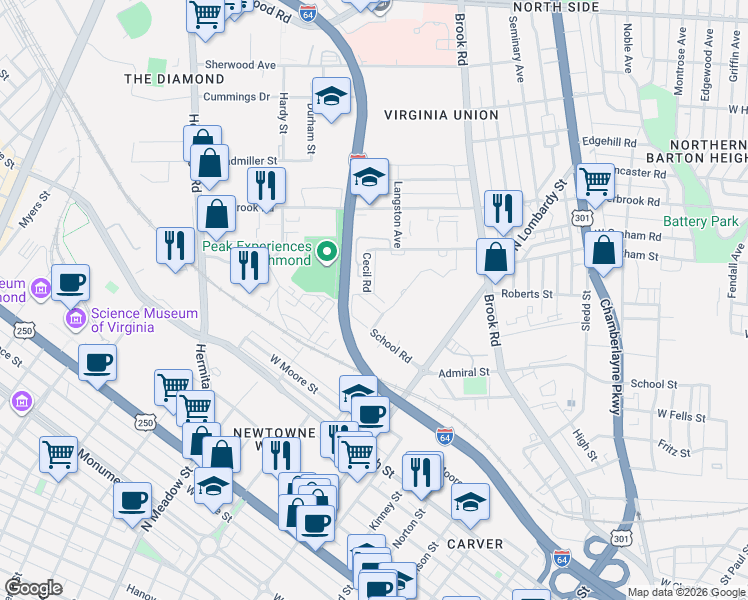 map of restaurants, bars, coffee shops, grocery stores, and more near Bath Street in Richmond