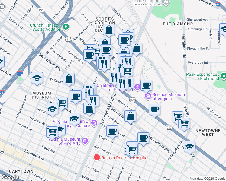 map of restaurants, bars, coffee shops, grocery stores, and more near 803 North Arthur Ashe Boulevard in Richmond