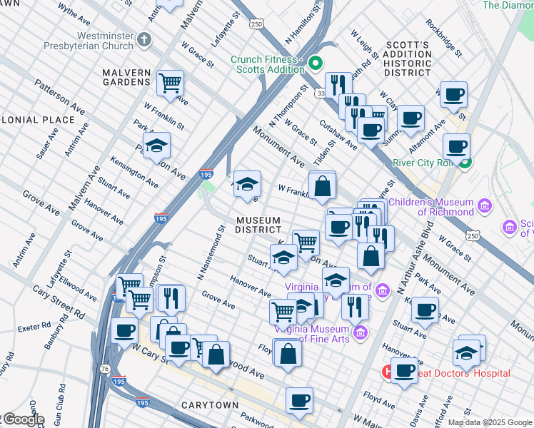 map of restaurants, bars, coffee shops, grocery stores, and more near in Richmond