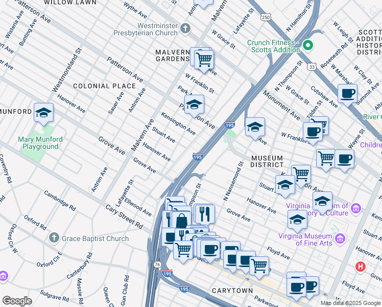 map of restaurants, bars, coffee shops, grocery stores, and more near 304 North Thompson Street in Richmond