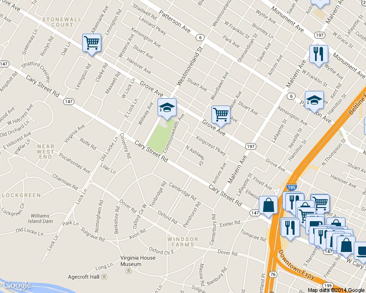 map of restaurants, bars, coffee shops, grocery stores, and more near 4401 South Willetta Drive in Richmond