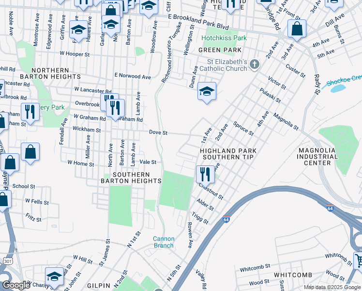 map of restaurants, bars, coffee shops, grocery stores, and more near 2000 Althea Street in Richmond