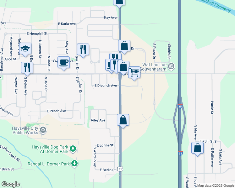 map of restaurants, bars, coffee shops, grocery stores, and more near 7335 Highway 81 in Haysville