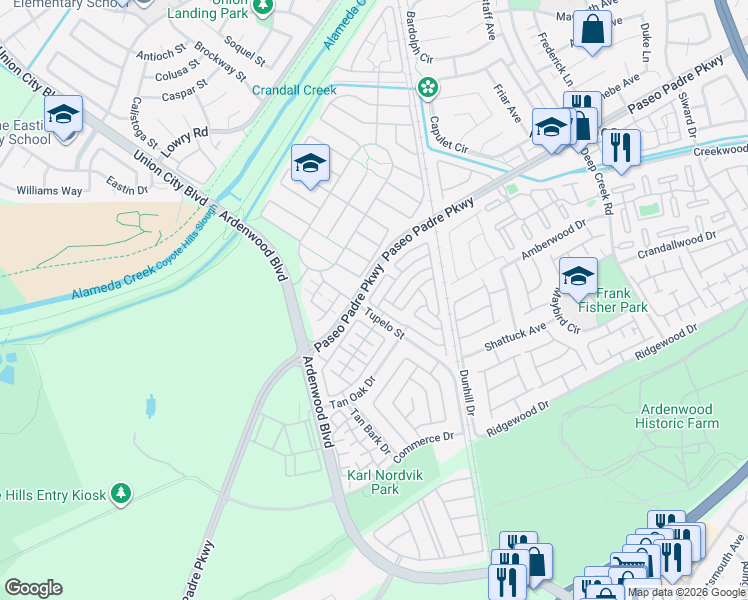 map of restaurants, bars, coffee shops, grocery stores, and more near 34143 Tupelo Street in Fremont