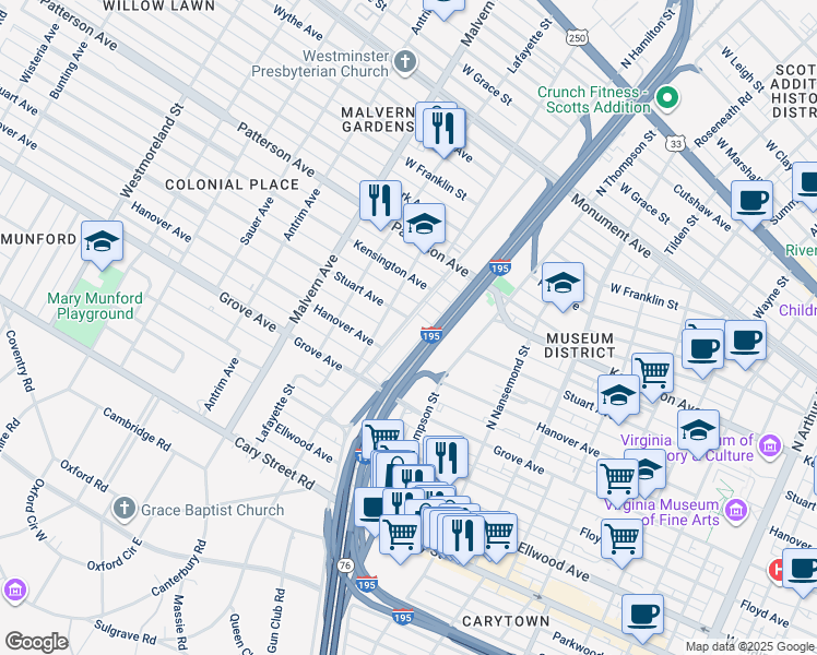 map of restaurants, bars, coffee shops, grocery stores, and more near 409 North Hamilton Street in Richmond