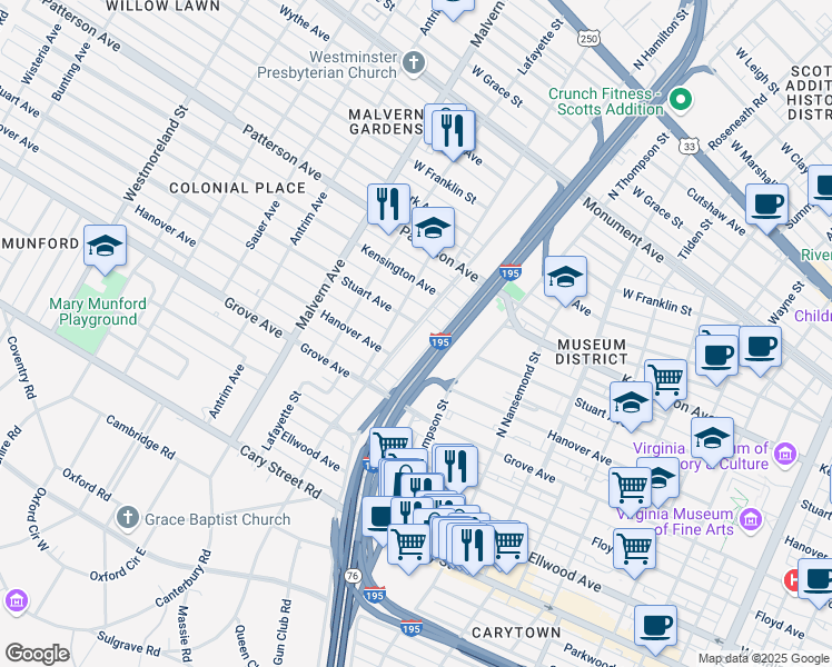 map of restaurants, bars, coffee shops, grocery stores, and more near 409 North Hamilton Street in Richmond