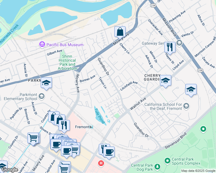 map of restaurants, bars, coffee shops, grocery stores, and more near 38780 Tyson Lane in Fremont