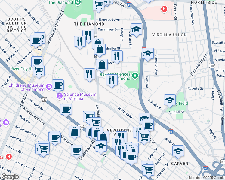 map of restaurants, bars, coffee shops, grocery stores, and more near 1215 Hermitage Road in Richmond