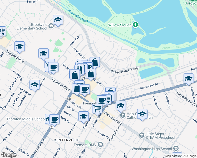 map of restaurants, bars, coffee shops, grocery stores, and more near 37050 Meadowbrook Common in Fremont