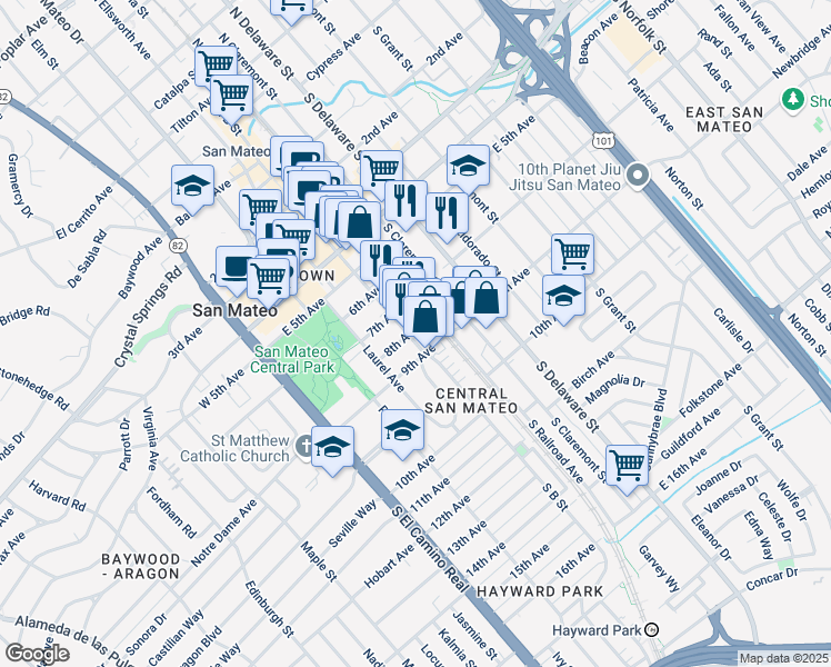 map of restaurants, bars, coffee shops, grocery stores, and more near 308 7th Avenue in San Mateo