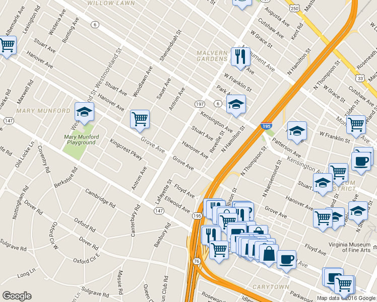 map of restaurants, bars, coffee shops, grocery stores, and more near 4001 Hanover Ave in Richmond