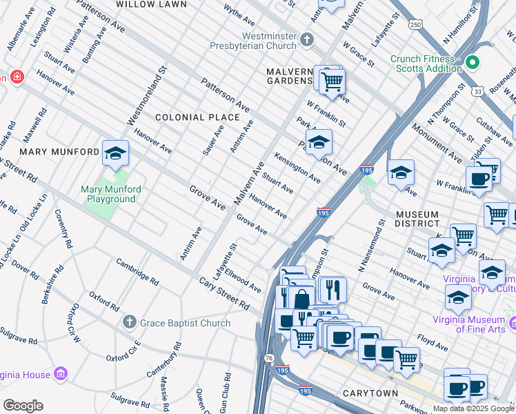 map of restaurants, bars, coffee shops, grocery stores, and more near 4001 Hanover Avenue in Richmond