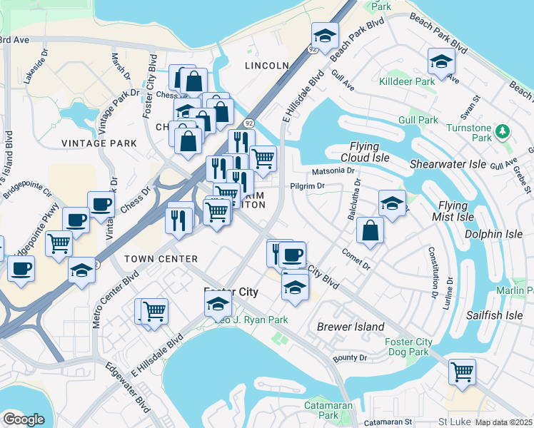 map of restaurants, bars, coffee shops, grocery stores, and more near 100 Grand Lane in Foster City
