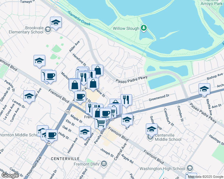 map of restaurants, bars, coffee shops, grocery stores, and more near 3501 Birchwood Terrace in Fremont