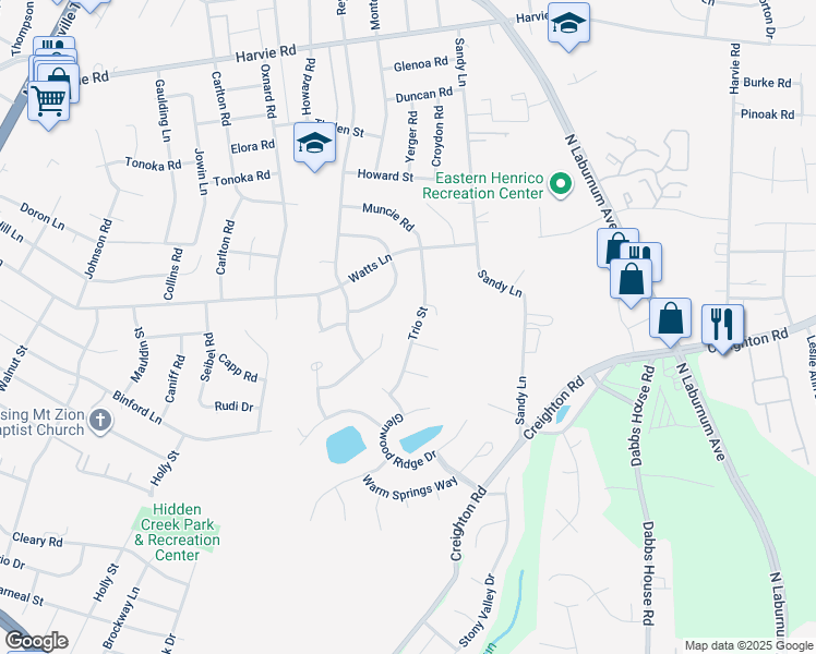 map of restaurants, bars, coffee shops, grocery stores, and more near 2940 Trio Street in Richmond