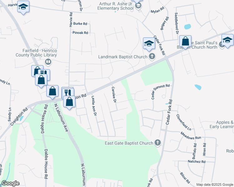 map of restaurants, bars, coffee shops, grocery stores, and more near 3804 Carolee Court in Richmond