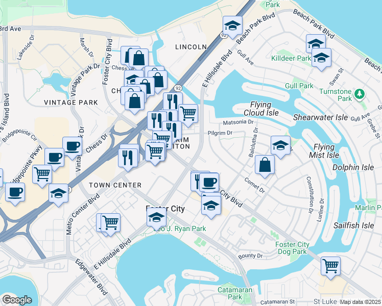 map of restaurants, bars, coffee shops, grocery stores, and more near 100 Grand Lane in Foster City