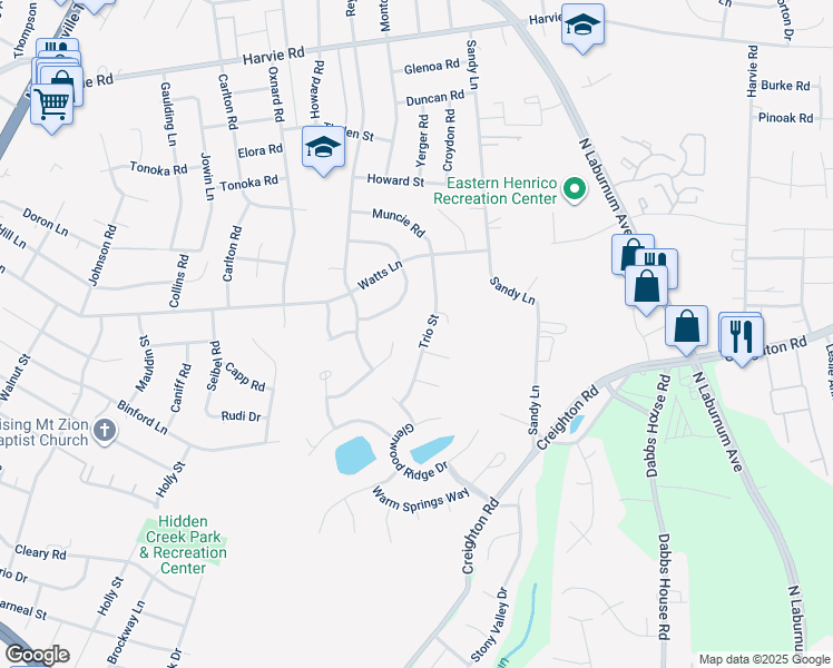 map of restaurants, bars, coffee shops, grocery stores, and more near 2940 Trio Street in Richmond