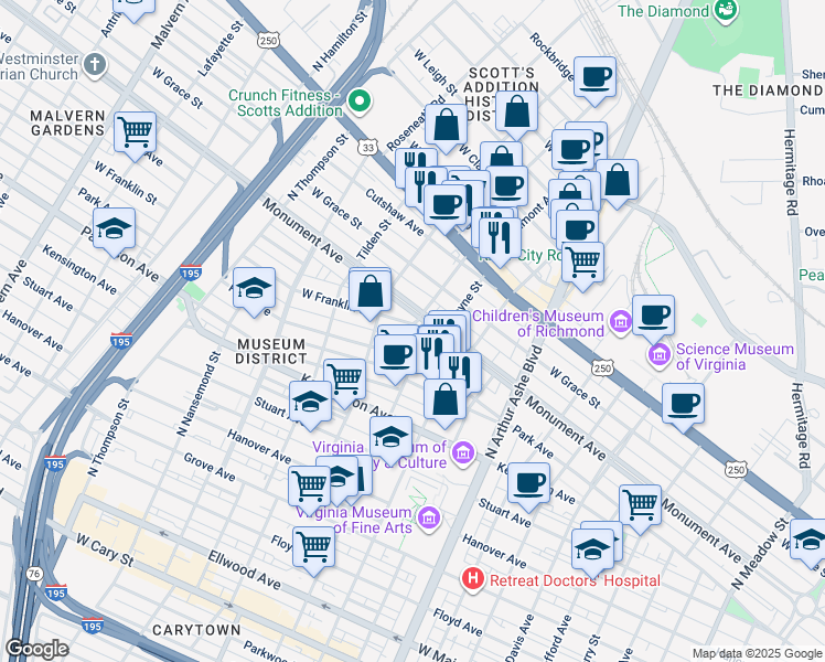map of restaurants, bars, coffee shops, grocery stores, and more near 3103 West Franklin Street in Richmond