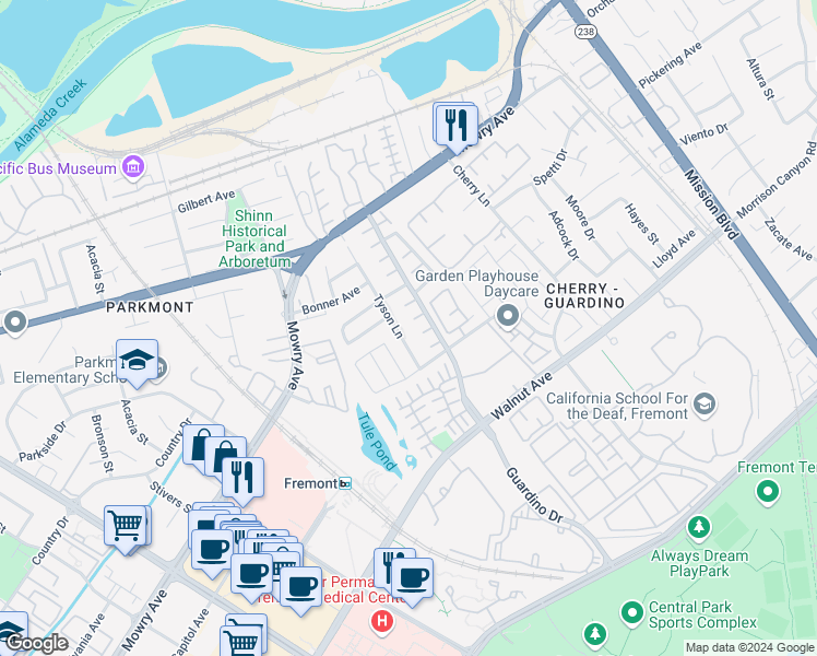 map of restaurants, bars, coffee shops, grocery stores, and more near 912 Oranda Terrace in Fremont