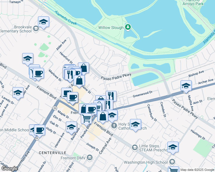map of restaurants, bars, coffee shops, grocery stores, and more near 37297 Sequoia Terrace in Fremont