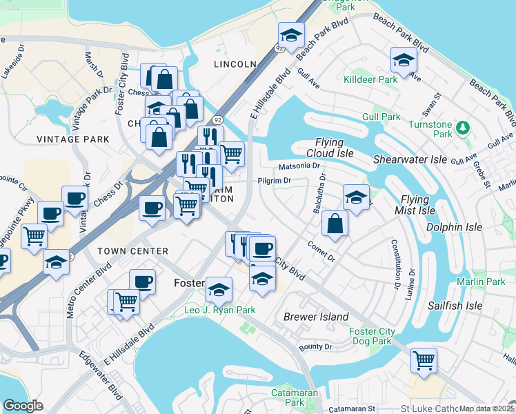 map of restaurants, bars, coffee shops, grocery stores, and more near in Foster City