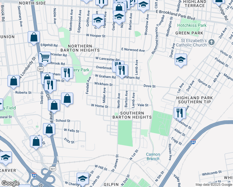 map of restaurants, bars, coffee shops, grocery stores, and more near 2209 North Avenue in Richmond