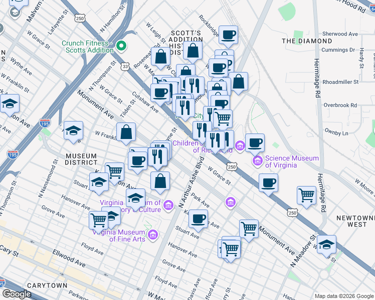 map of restaurants, bars, coffee shops, grocery stores, and more near 906 North Sheppard Street in Richmond