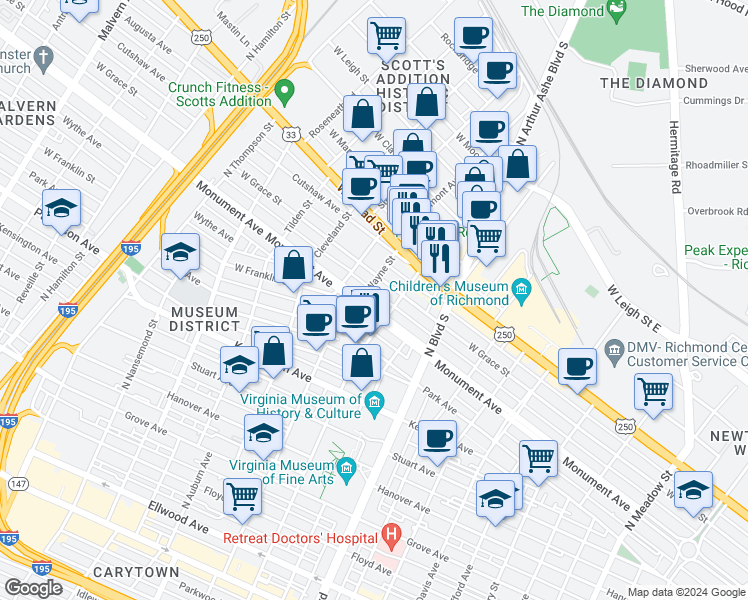 map of restaurants, bars, coffee shops, grocery stores, and more near 2910 Monument Avenue in Richmond