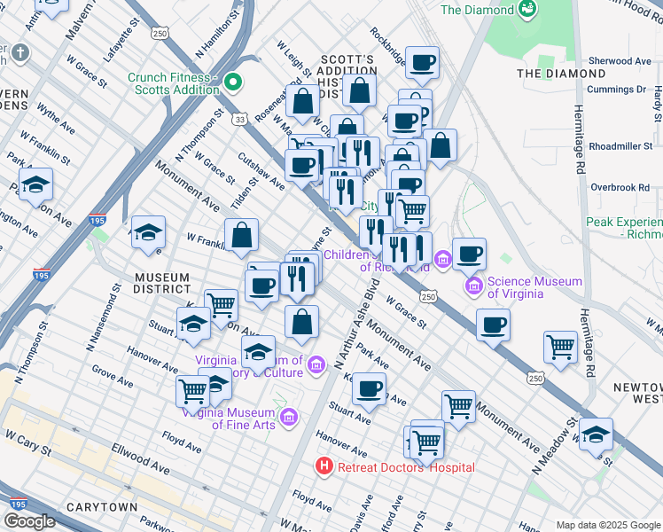 map of restaurants, bars, coffee shops, grocery stores, and more near 2901 West Grace Street in Richmond