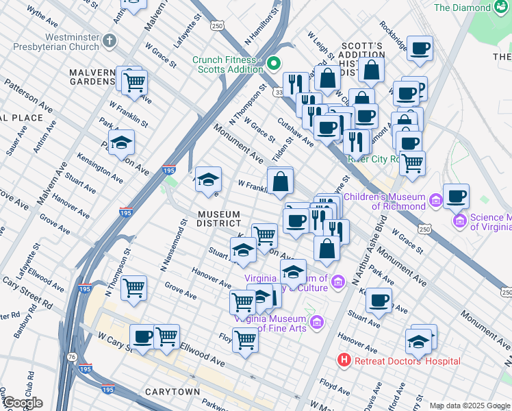 map of restaurants, bars, coffee shops, grocery stores, and more near 3234 Park Avenue in Richmond