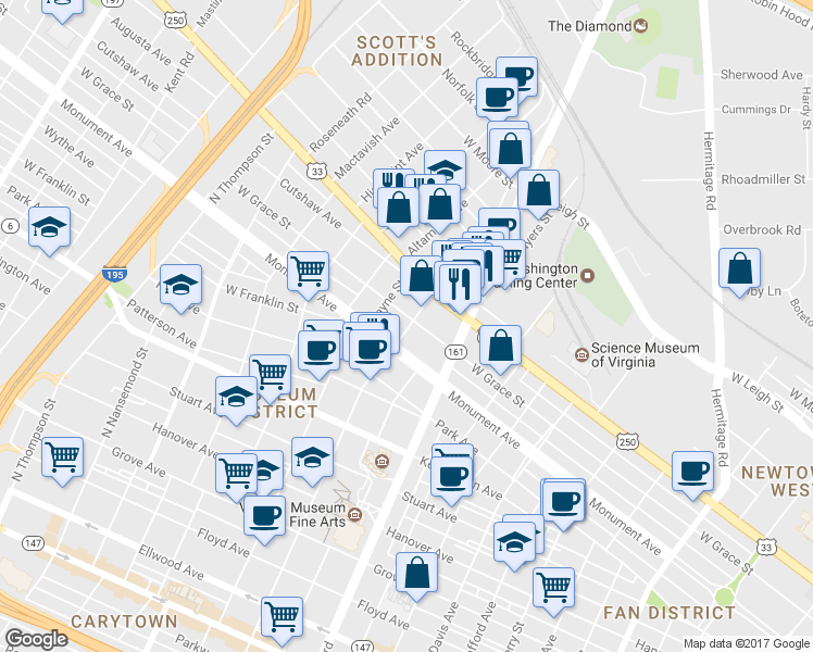map of restaurants, bars, coffee shops, grocery stores, and more near 2901 West Grace Street in Richmond