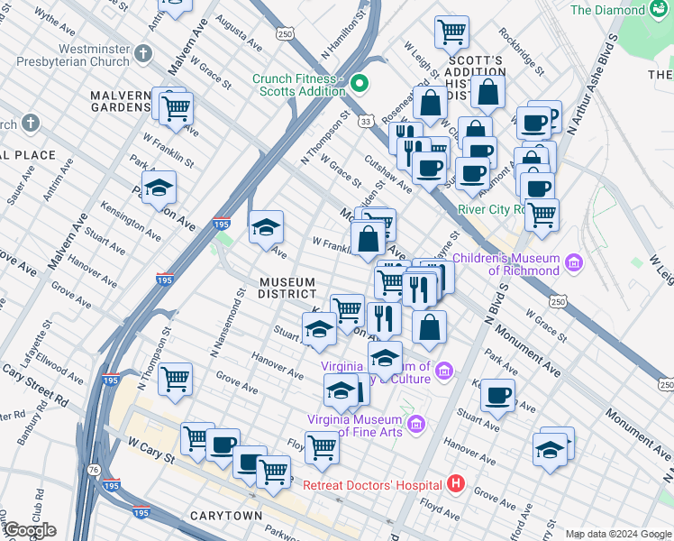 map of restaurants, bars, coffee shops, grocery stores, and more near 3234 Park Avenue in Richmond