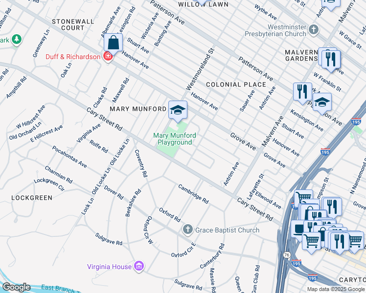 map of restaurants, bars, coffee shops, grocery stores, and more near 4408 South Ashlawn Drive in Richmond