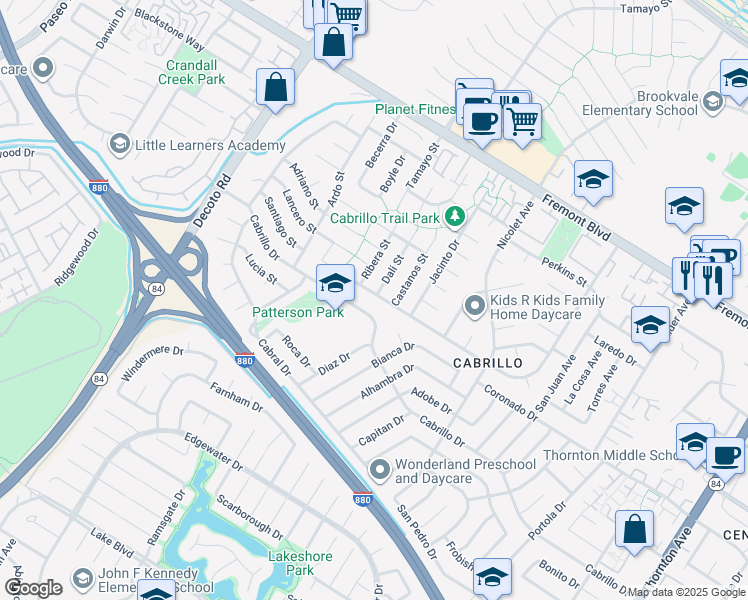 map of restaurants, bars, coffee shops, grocery stores, and more near 4415 Dali Street in Fremont
