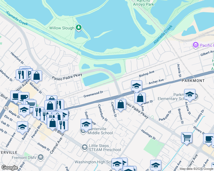 map of restaurants, bars, coffee shops, grocery stores, and more near 37709 Arlene Court in Fremont
