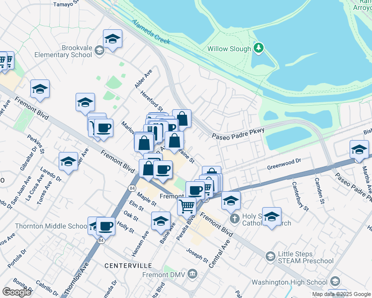 map of restaurants, bars, coffee shops, grocery stores, and more near 3530 Oakwood Terrace in Fremont
