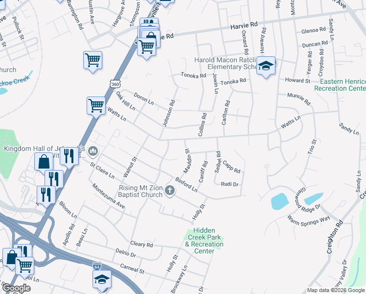 map of restaurants, bars, coffee shops, grocery stores, and more near 1914 Watts Lane in Richmond