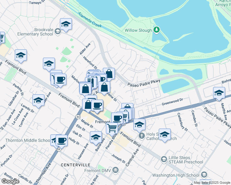 map of restaurants, bars, coffee shops, grocery stores, and more near 3663 Oakwood Terrace in Fremont