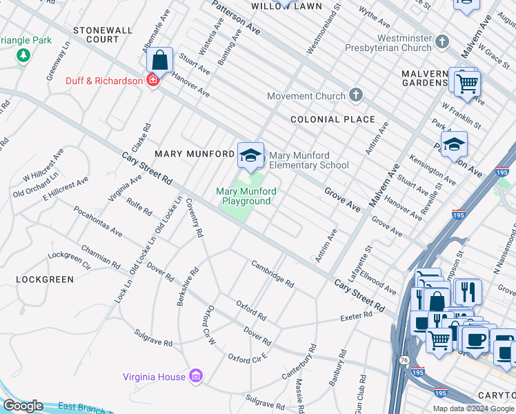 map of restaurants, bars, coffee shops, grocery stores, and more near 4408 South Ashlawn Drive in Richmond
