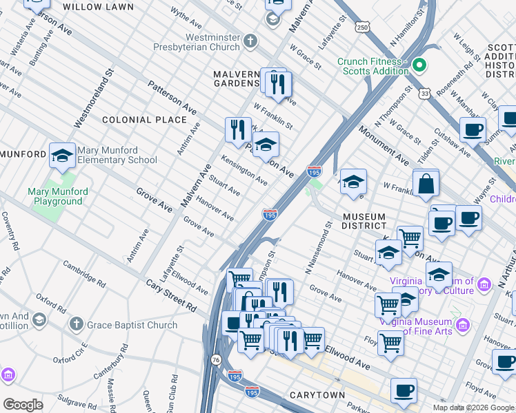 map of restaurants, bars, coffee shops, grocery stores, and more near 503 North Hamilton Street in Richmond