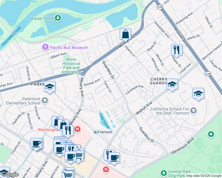 map of restaurants, bars, coffee shops, grocery stores, and more near 912 Oranda Terrace in Fremont