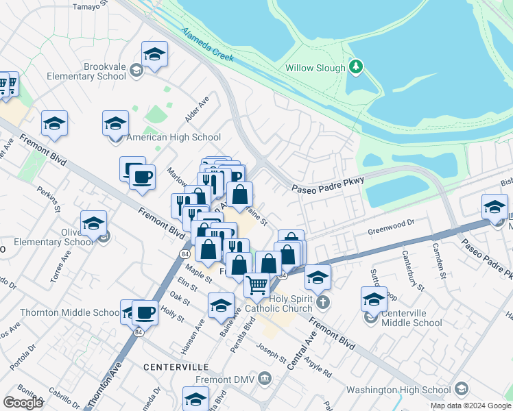 map of restaurants, bars, coffee shops, grocery stores, and more near 3467 Pinewood Terrace in Fremont