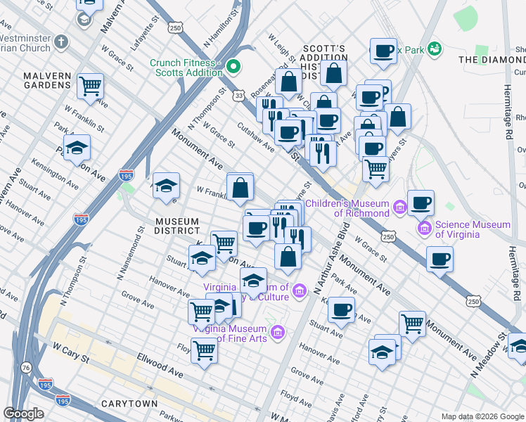 map of restaurants, bars, coffee shops, grocery stores, and more near 3100 Monument Avenue in Richmond