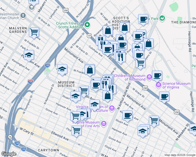 map of restaurants, bars, coffee shops, grocery stores, and more near 3100 Monument Avenue in Richmond