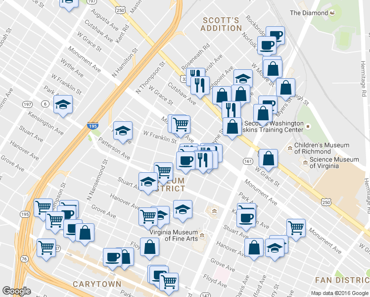 map of restaurants, bars, coffee shops, grocery stores, and more near 3136 West Franklin Street in Richmond